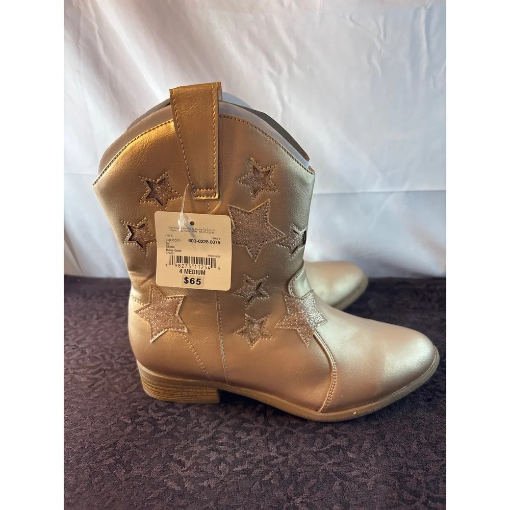 Thereabouts Sienna Rose Gold Metallic Star Western Boots Kids Size‎ 4M New
